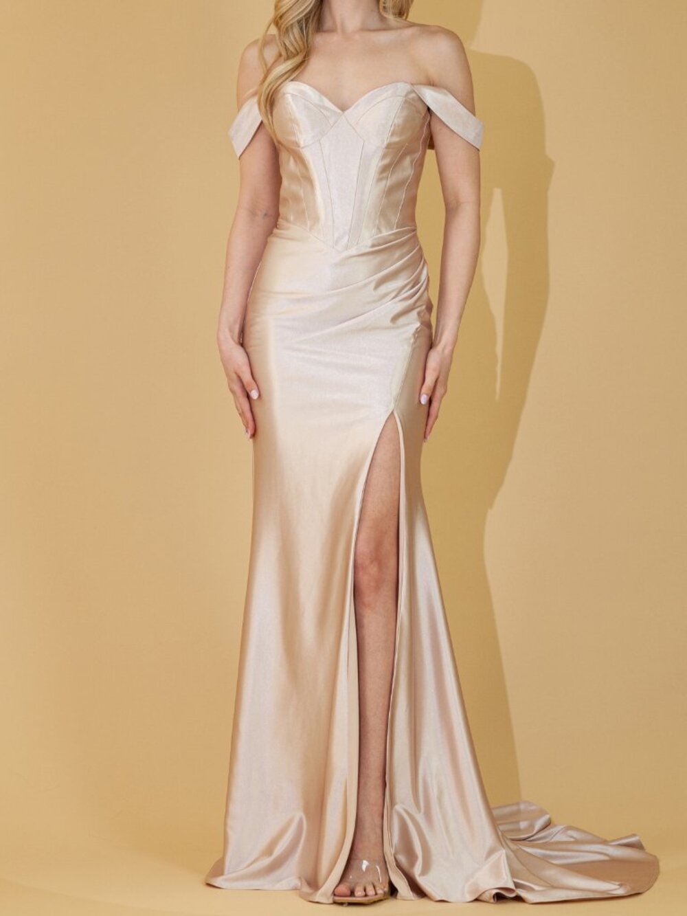 Champagne Off The Shoulder Satin Formal Dress 8